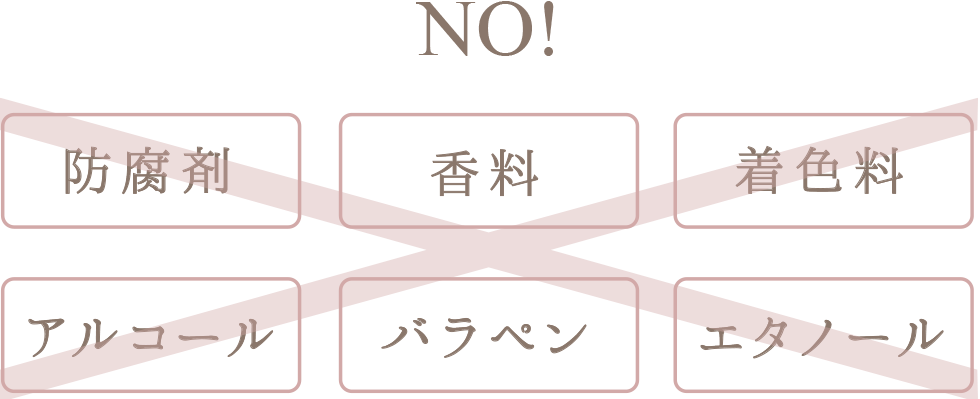 NO! 防腐剤・香料・着色料・アルコール・バラペン・エタノール