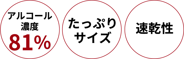アルコール濃度81%、たっぷりサイズ、速乾性