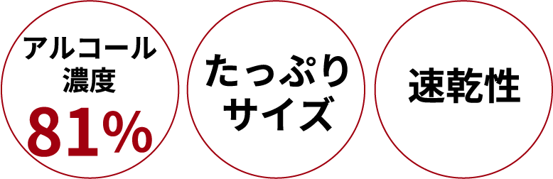 アルコール濃度81%、たっぷりサイズ、速乾性
