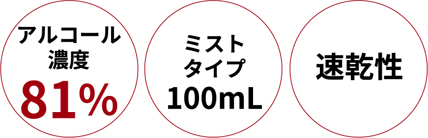アルコール濃度81%、ミストタイプ100mL、速乾性