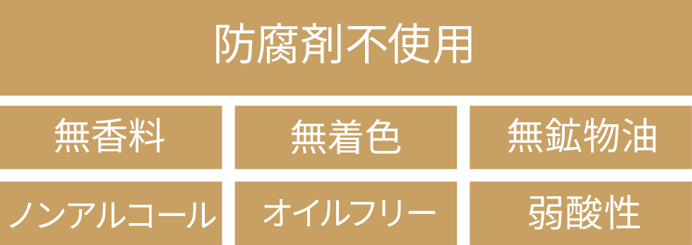 防腐剤不使用/無香料/無着色/無鉱物油/ノンアルコール/オイルフリー/弱酸性