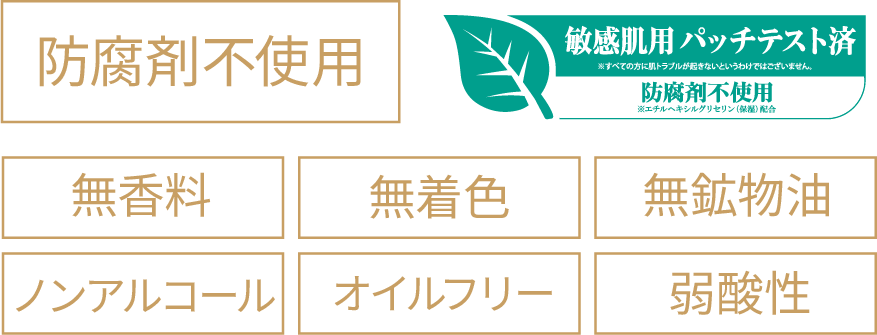 防腐剤不使用 敏感肌パッチテスト済 無香料 無着色 無鉄鋼物油 ノンアルコール オイルフリー 弱酸性
