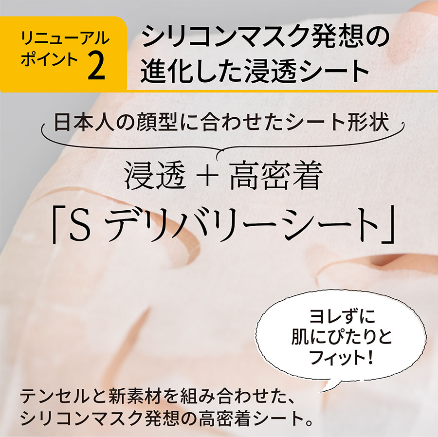 リニューアルポイント2 シリコンマスク発想の進化した浸透シート 日本人の顔型に合わせたシート形状 浸透+高密着「Sデリバリーシート」 ヨレずに肌にぴたりと フィット!テンセルと新素材を組み合わせた、シリコンマスク発想の高密着シート。